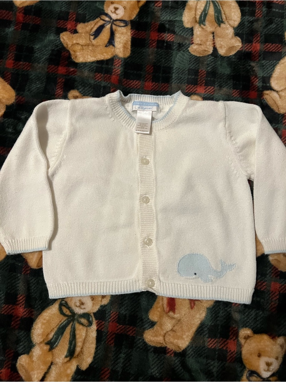 Janie and Jack White Knit Cardigan with Light Blue Whale
